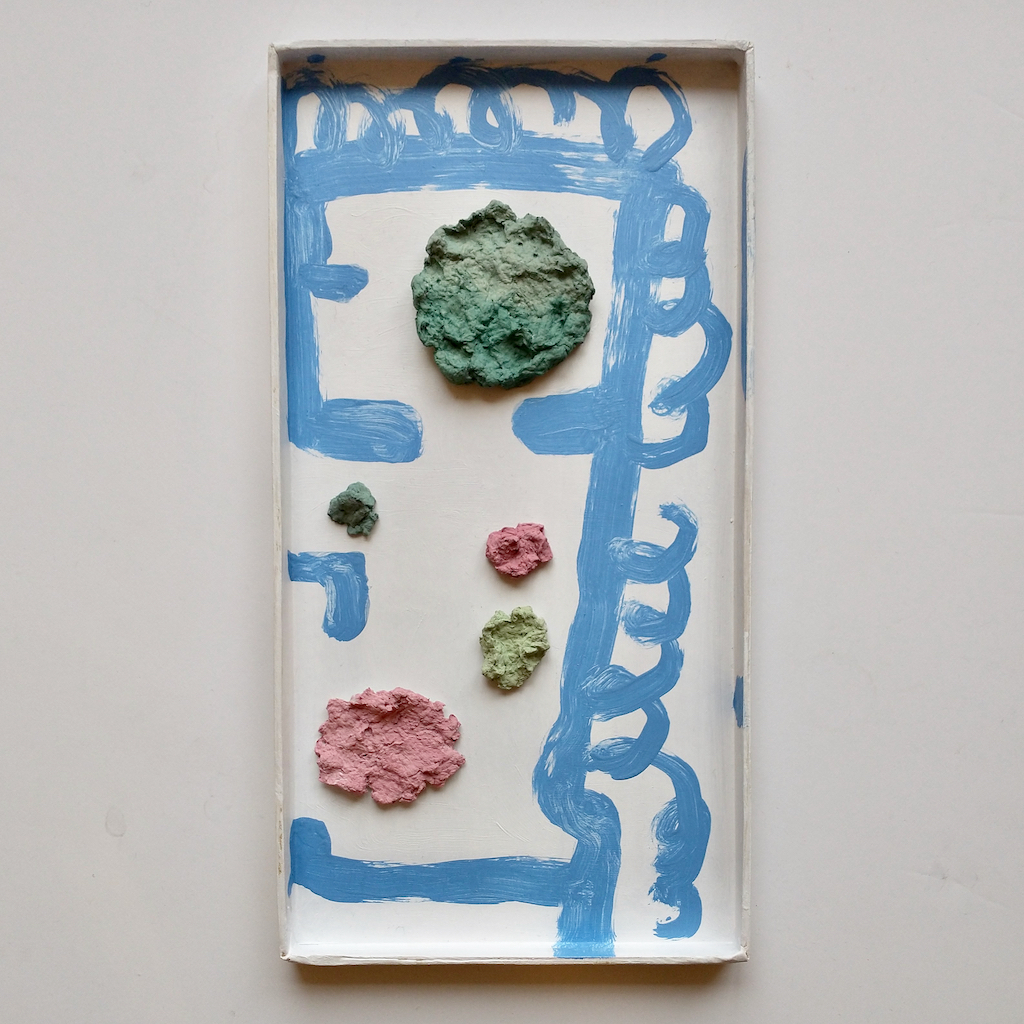 'Gardenaeri 2' acrylic, pigment and paper pulp in recycled cardboard lid, 10.5 x 22.5cm